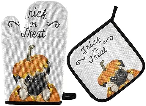 Halloween Pug Pumpkin Oven Mitts Set Heat-Resistant Trick or Treat Gloves