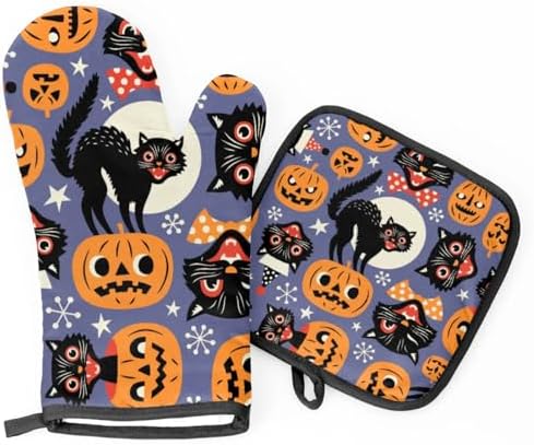 Scary Pumpkins Halloween Cat Oven Mitts Pot Holder Set