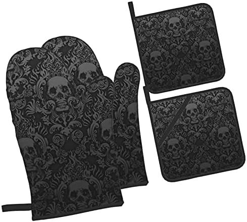 Gothic Skull Oven Mitt and Pot Holder Set 4-Piece Spell of Protection