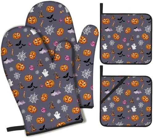 Pumpkin Spice Halloween Oven Mitts Pot Holders Set of 4