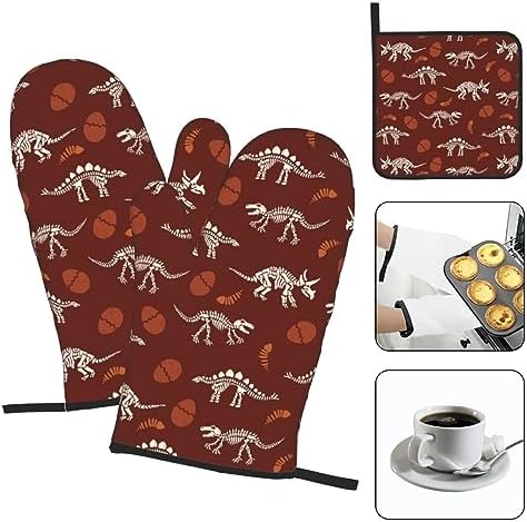 Dinosaur Oven Mitts and Pot Holders Set - Funny Heat Resistant Gloves