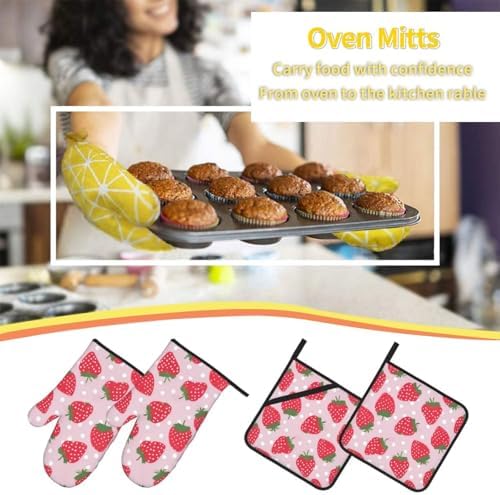 Strawberry-Printed Oven Mitts Pot Holders Set