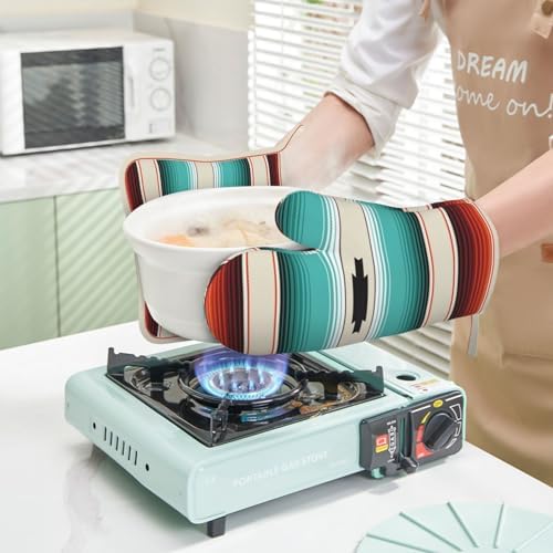 Bold Mexican Serape Turquoise Silicone Oven Mitts Potholders Set