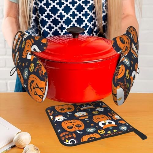 Trick Or Treat Halloween Owl Ghost Pumpkin Oven Mitts - Durable Waterproof Set