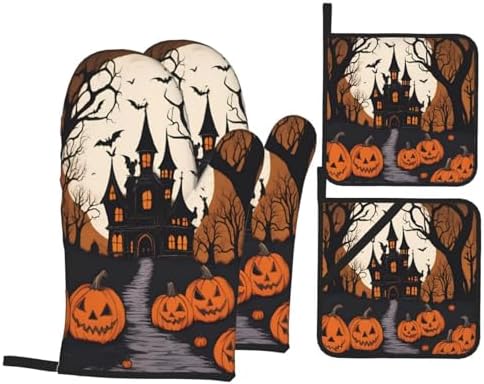 Gothic Halloween Oven Mitts Pot Holders Set 4 Piece Gift for Baking