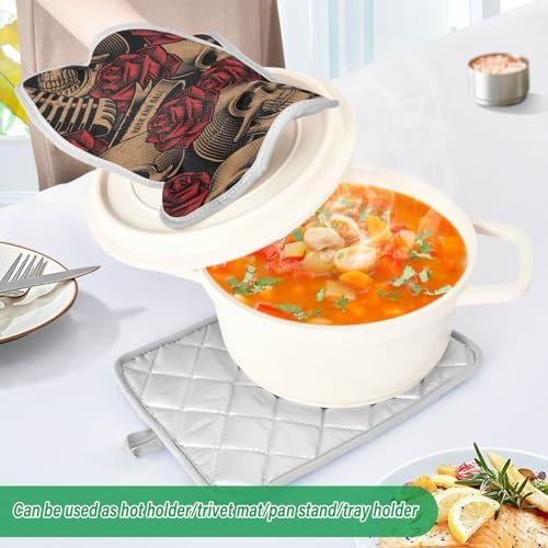 OURVII 2Pcs Skulls Red Roses Pot Holders Set Non-Slip