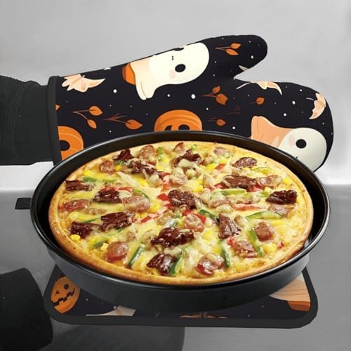 Premium Halloween Oven Mitts and Pot Holders Set for Baking BBQ