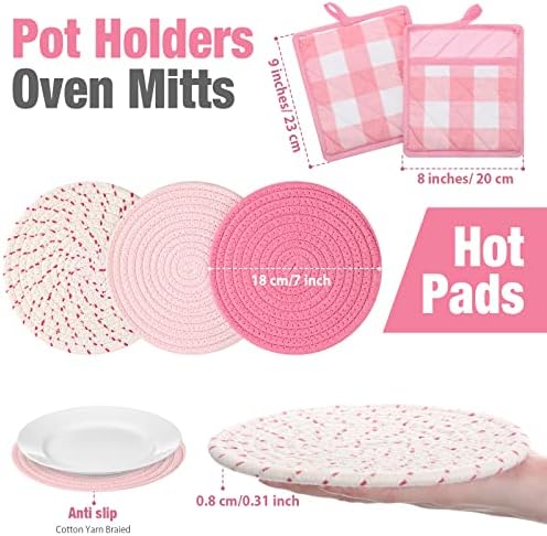 Sumind 7-Piece Oven Mitts Potholders Set Pink White Cotton Kitchen Accessories