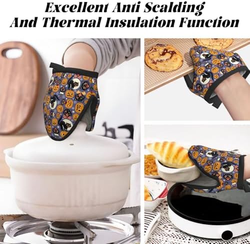 Mini Silicone Oven Mitts Spooky Cats Halloween Pumpkins Heat-Resistant Comfortable