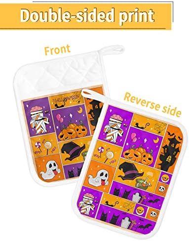Halloween Pumpkin Purple Orange Potholders Set of 5 with Pocket and Hanging Loop