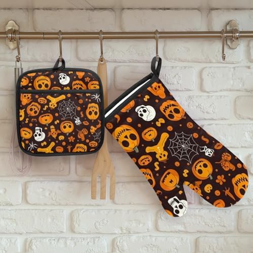 Aglebo Halloween pumpkin spider skull oven mitts set