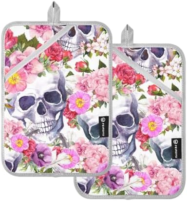 OurVii 2Pcs Summer Floral Skull Potholders with Pockets Non-Slip mitts Set