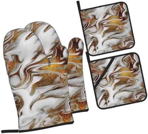 4 Pieces Gold and White Marble Oven Mitts Set with Hanging Loop