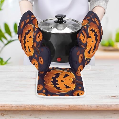 Halloween Pumpkin Oven Mitts and Pot Holders Set