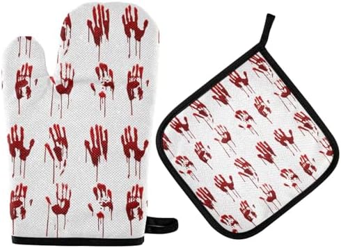 Halloween Bloody Hand Prints Set - 2-Piece Oven Mitts for Cooking