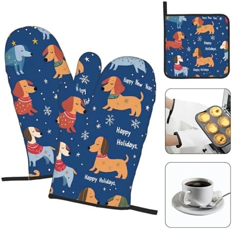 Dachshund Christmas Oven Mitts Potholders Set - Heat-Resistant and Non-Slip