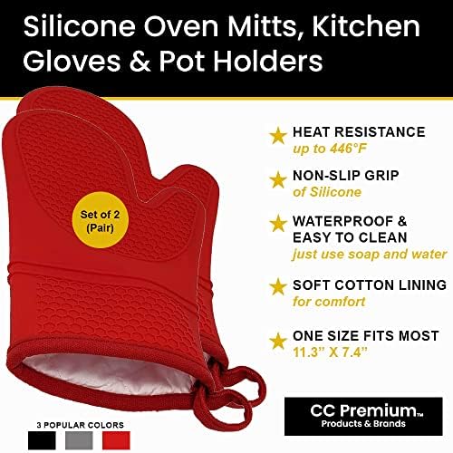 Heat Resistant Silicone Oven Mitts with Cotton Lining - Double Sided Red Pair