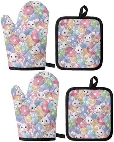 UNICEU Easter Rabbit Oven Mitts Pot Holders 4-Piece Set