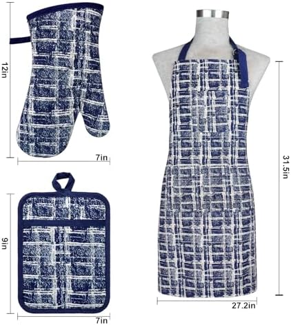 Alselo Oven Mitts and Pot Holders Set of 5 with Cooking Apron Navy