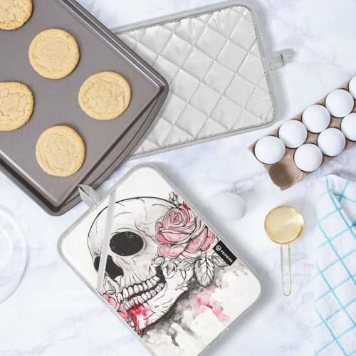 OurVII 2Pcs Halloween Pink Rose Skull Potholders Set