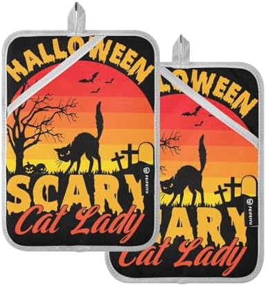 Scary Cat Lady Halloween Potholders with Pockets Non-Slip Kitchen Mat