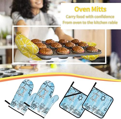 Happy Hanukkah Heat Resistant Mitts Pot Holders Set by Augenstern