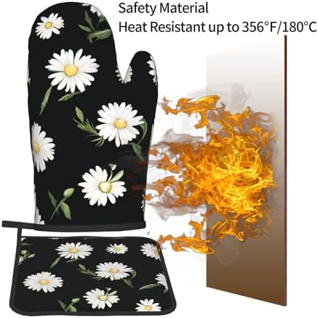 Durable Daisy Printed Oven Mitts Pot Holders Set Heat-Resistant Kitchen Gloves