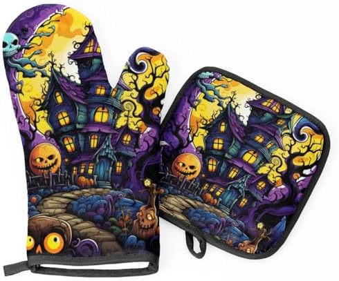 F Plaid Halloween Castle Oven Mitts and Pot Holder Set