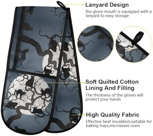 Halloween Black Cat Pot Holder with Full Moon Oven Mitt 35 x 7inch