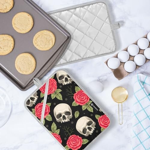 2Pcs Skull Red Roses Potholders with Pockets Non-Slip Mitts Set 1