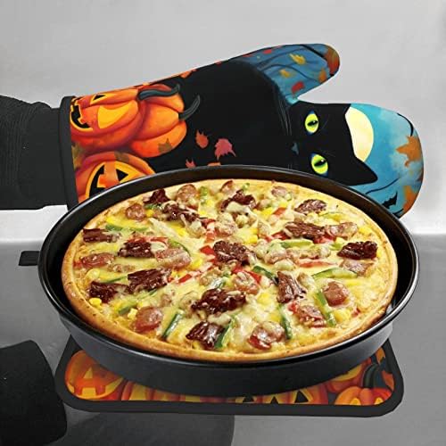 Dewoofly Black Cat Halloween Oven Mitts and Pot Holders Set