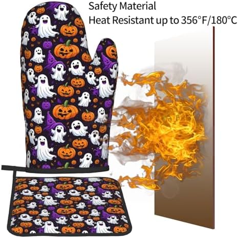 Halloween Ghost Pumpkin Oven Mitts Pot Holders - Heat-Resistant Gloves for Cooking