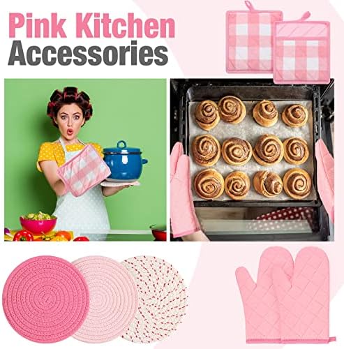 Sumind 7-Piece Oven Mitts Potholders Set Pink White Cotton Kitchen Accessories