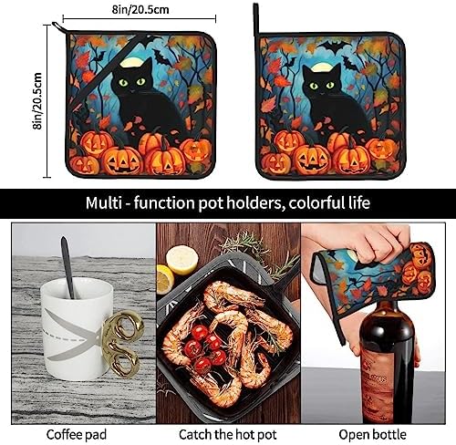 Halloween Black Cat Pumpkin Leave Pot Holder Set