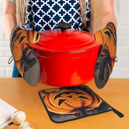 YYHHAOFA pumpkin Halloween Pattern Durable Waterproof Oven Mitts and Pot Holder Set