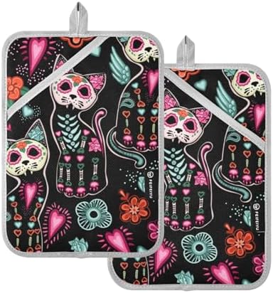 OurVii Skull Cat Halloween Pot Holder Set trays 7x98in 2pack