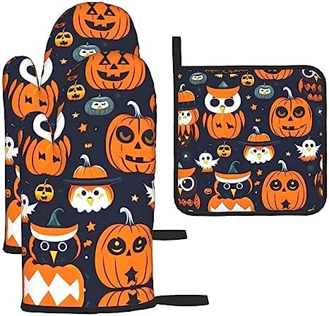 Trick Or Treat Halloween Owl Ghost Pumpkin Oven Mitts - Durable Waterproof Set