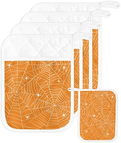 Halloween Araneid Web 5PCS Pot Holders Set - Heat Resistant with Pockets and Loop