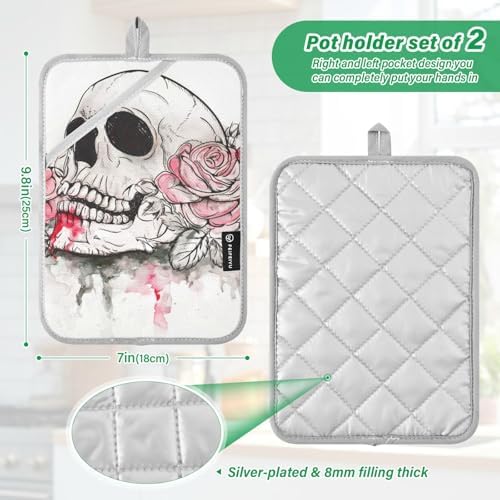 OurVII 2Pcs Halloween Pink Rose Skull Potholders Set