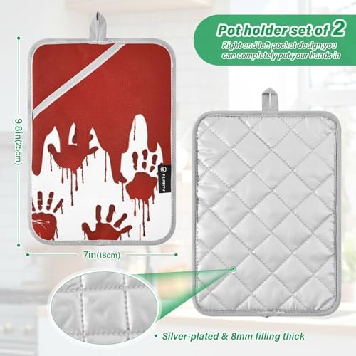 Ourvii 2-Piece Bloody Hand Print Pot Holder Set Heat Resistant Kitchen Pots