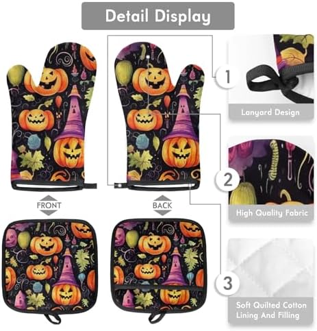 Halloween pumpkin leaves oven mitts and pot holders set