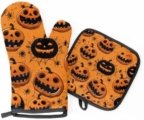 Halloween Spider Web Pumpkin Oven Mitts and Pot Holders Set