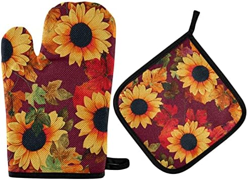 Red Sunflowers Fall Oven Mitts Pot Holders Set