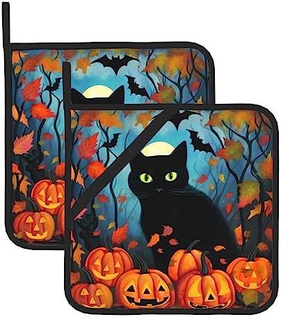 Halloween Black Cat Pumpkin Leave Pot Holder Set