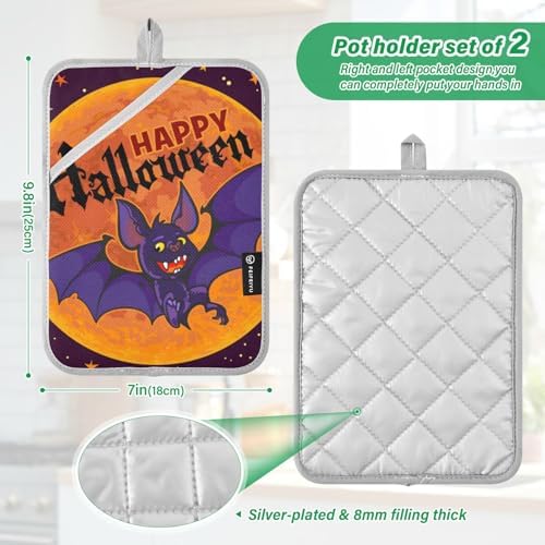 OURVII 2Pcs Halloween Bat Pot Holder Set Non-Slip Potholders with Pockets