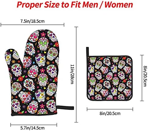Halloween Day of the Dead Sugar Skull Oven Mitts and Pot Holder Set
