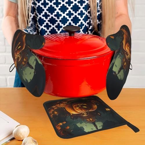 XTUAG pumpkin Halloween oven mitts and pot holders 3 piece set