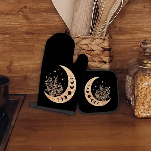 Black Gold Moon Oven Mitts Pot Holders Sets Heat-Resistant Kitchen Accessories