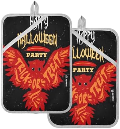 2Pcs Halloween Flying Owl Pot Holder Set Non-Slip Potholders with Pockets Mitts