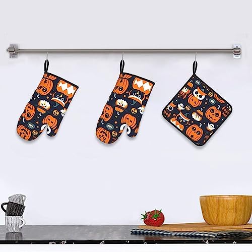 Trick Or Treat Halloween Owl Ghost Pumpkin Oven Mitts - Durable Waterproof Set